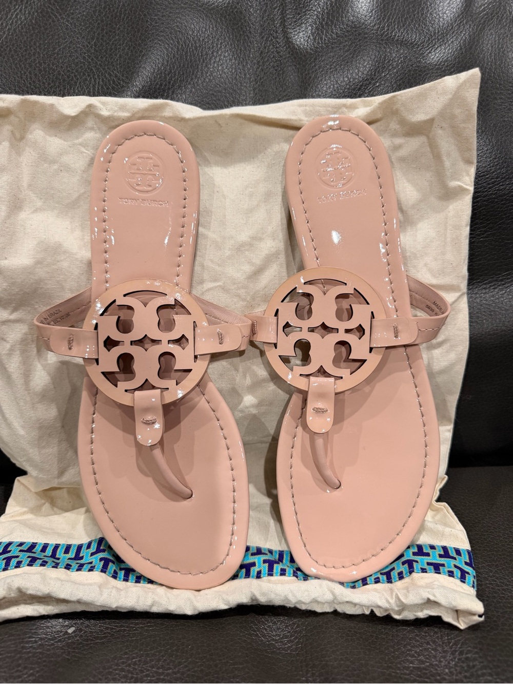 Tory Burch Pink Patent Leather Miller Logo Thong Sandals